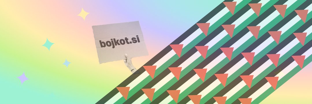 na mavričnem ozadju fotografija plakata z bojkot.si in pasic palestinske zastave.