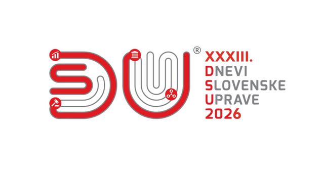 Logotip dogodka XXXIII. Dnevi slovenske uprave 2026 sestavljata stilizirani rdeče-sivi črki D in U z vključenimi ikonami grafa, sodniškega kladivca, zgradbe ter omrežja ljudi na levi strani in sivo-rdeče napisano besedilo XXXIII. Dnevi slovenske uprave 20
