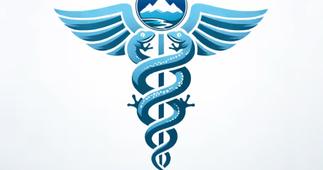 Simbol medicine z razprtimi krili in dvema prepletenima dvoživkama okoli palice, modro-bela grafika na svetlem ozadju.