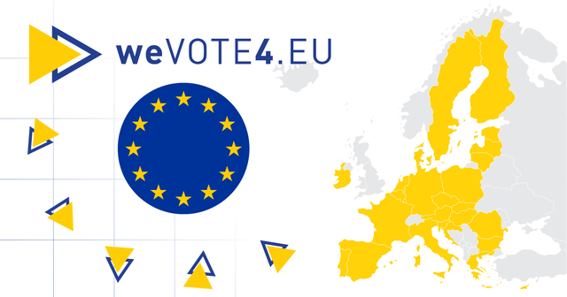 Logotip spletne platforme We Vote For EU, znak EU in zemljevid Evrope, na katerem so z rumeno pobarvane vse države članice EU.