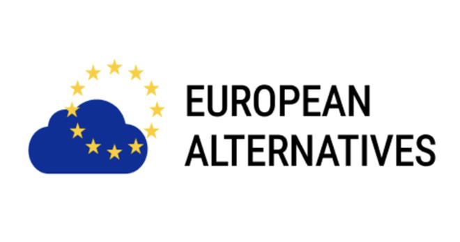 Logotip z napisom “European Alternatives” ob ikoni oblaka, obkroženega z zvezdami Evropske unije.