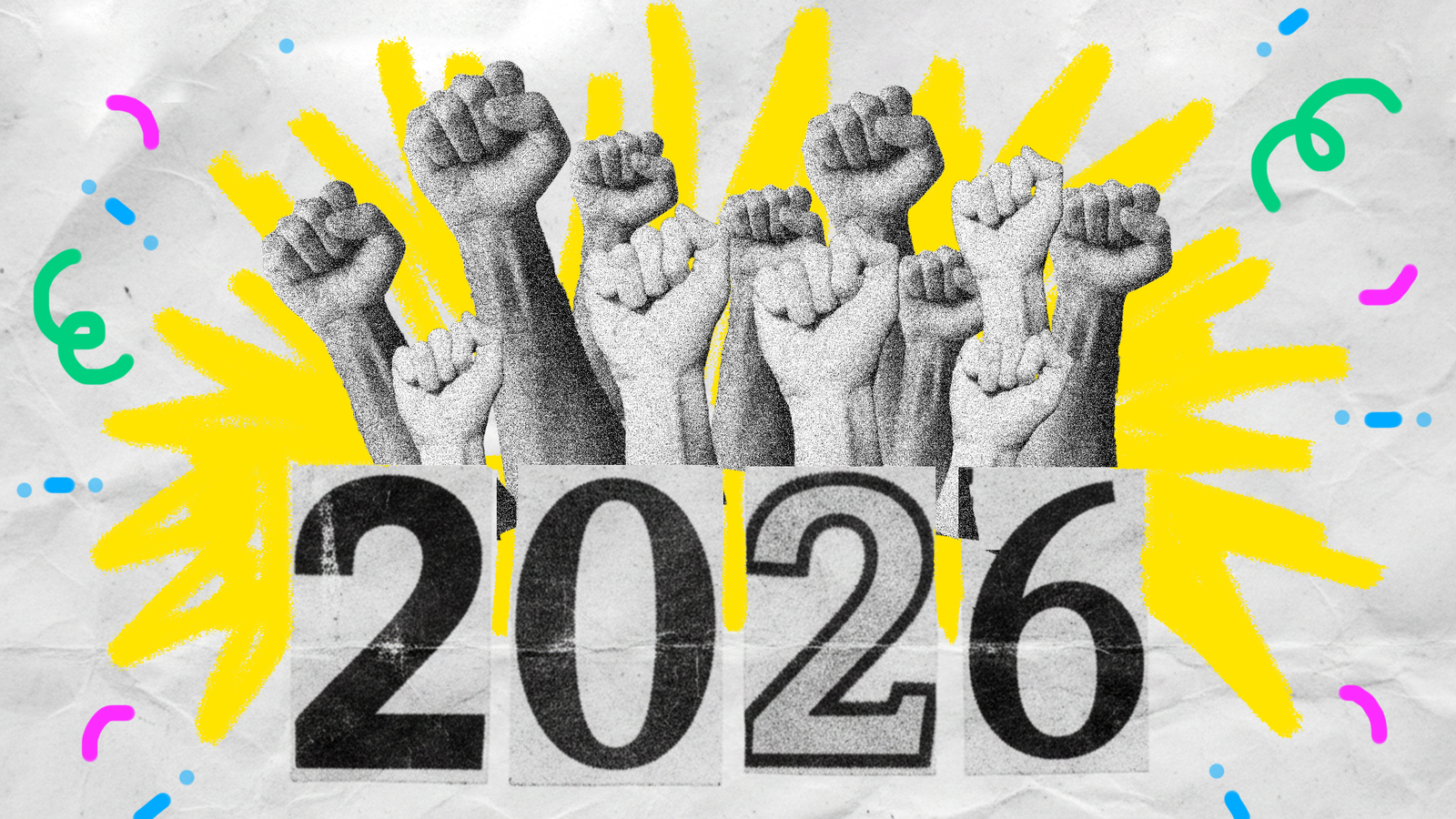 Ilustracija dvignjenih pesti nad letnico 2026, v ozadju rumeni poudarki – simbol skupnega boja in mobilizacije.