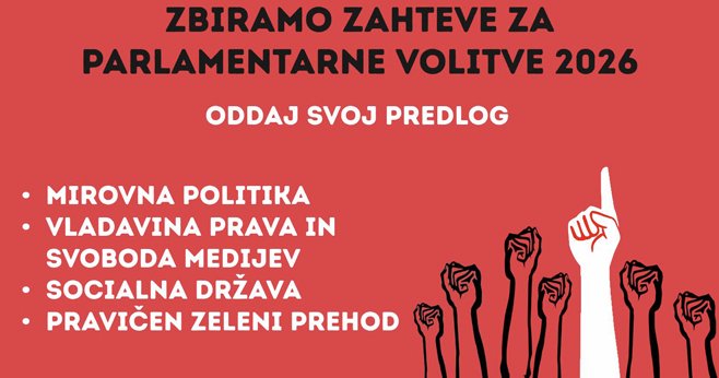 Rdeč plakat z napisom »Zbiramo zahteve za parlamentarne volitve 2026 – oddaj svoj predlog«, ob tem naštevanje tem in ilustracija dvignjenih pesti (Glas ljudstva).