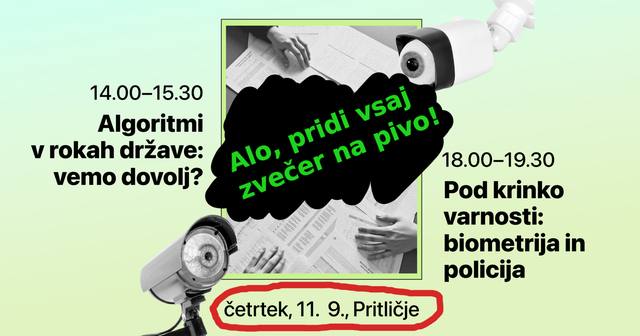 Naslovna slika dogodka z uro, krajem in naslovi panelov. V sredini je na zelenem ozadju črnobela fotografija uradniških rok nad papirji na mizi, to gledata dve kameri z očmi.