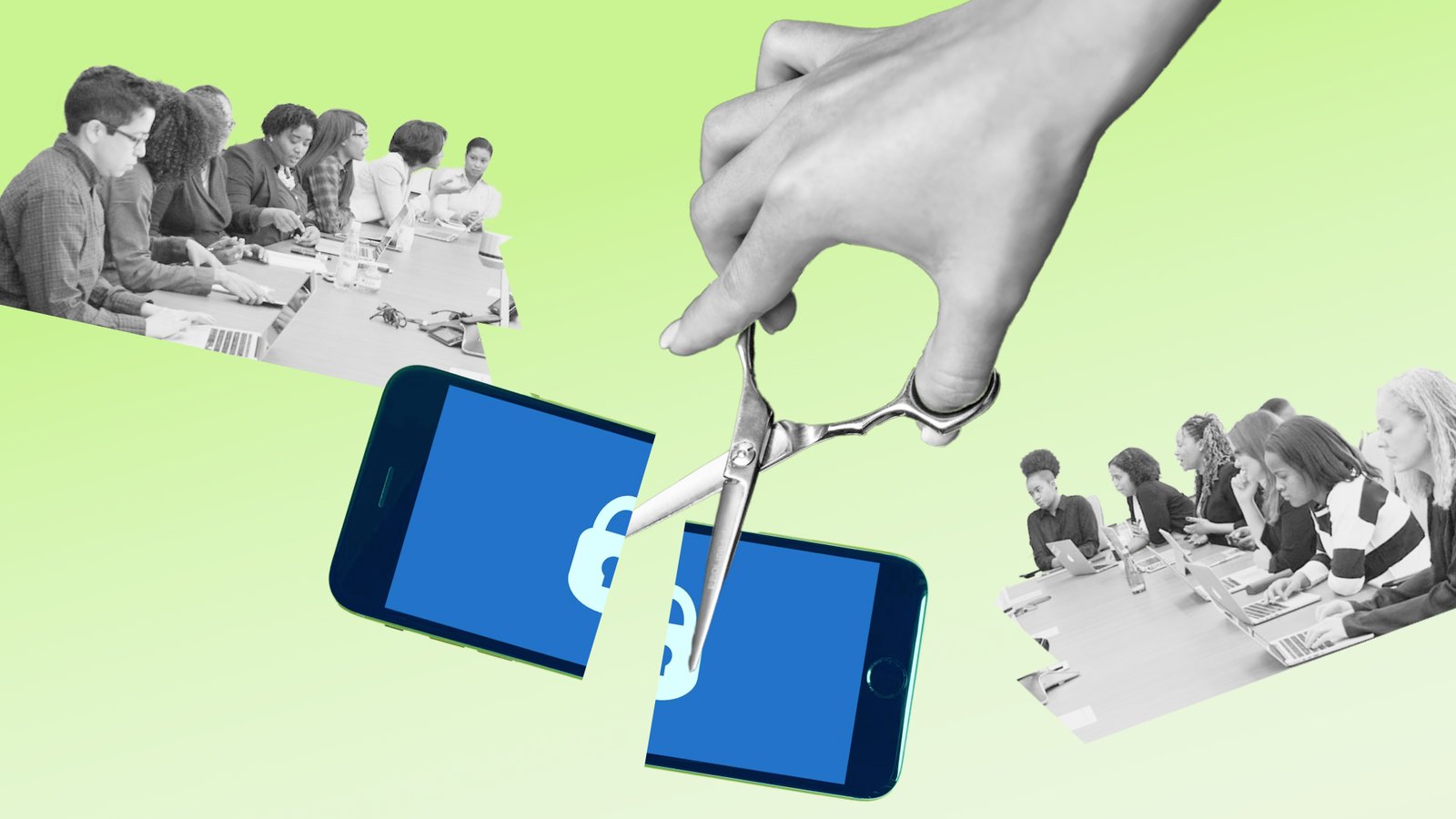Roka s škarjami prereže telefon z ikono zaklepa, medtem ko sta na obeh straneh fotografiji ljudi za mizo z računalniki