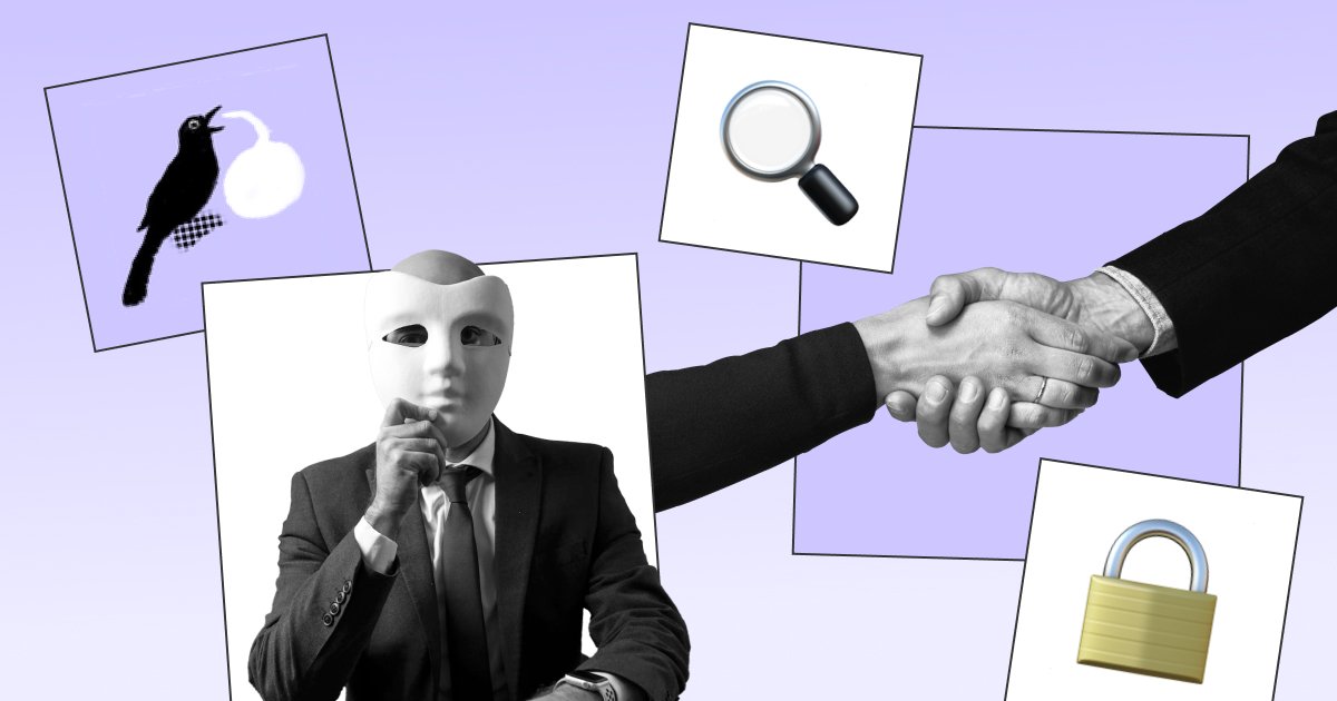 Na vijoličnem ozadju kolaž črnobelih fotografij osebe v obleki, ki si z masko zakriva obraz, dveh rok, ki se rokujeta, emotikonov povečevalne leče, ključavnice in ilustracije ptice, ki govori, ki predstavlja tematski sklop Odgovornost in transparetnost.