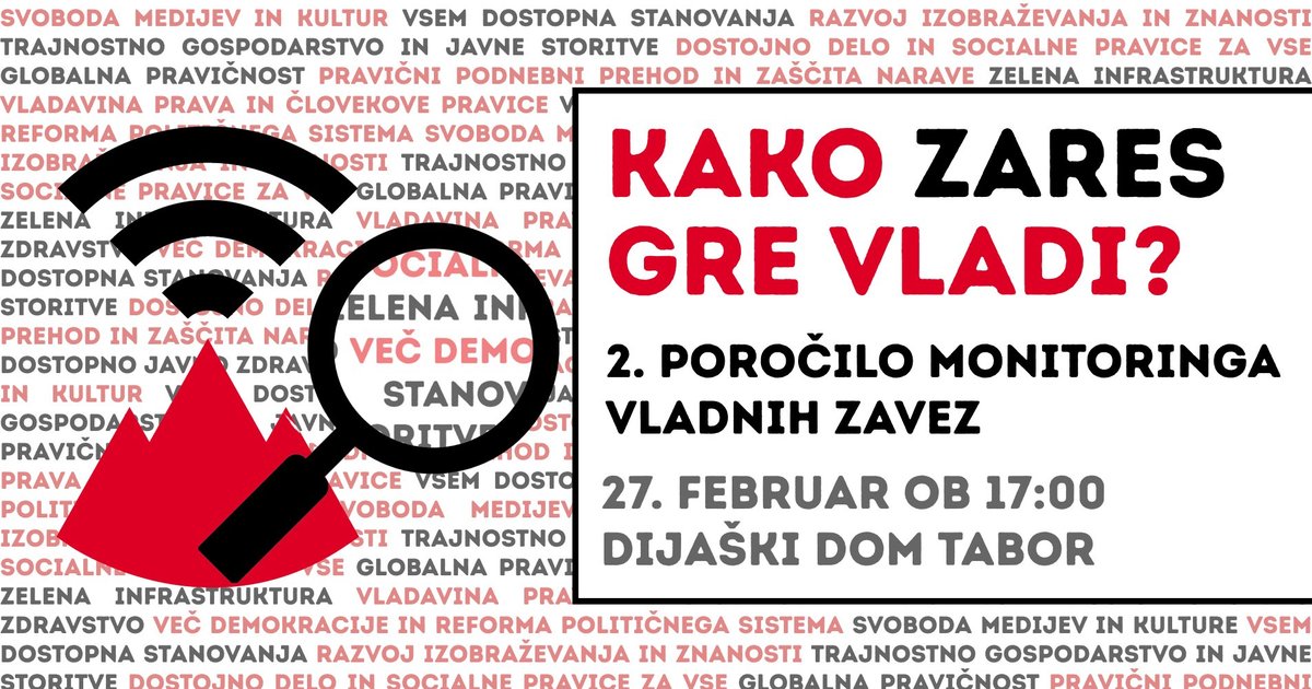 Logotip iniciative glas ljudstva in vabilo na 2. poročilo monitoringa vladnih zavez, ki bo 27. februarja