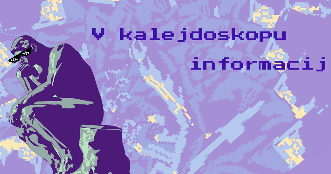 Kip misleca z meme sončnimi očali na vijolično-rumenem ozadju in napis V kalejdoskopu informacij.