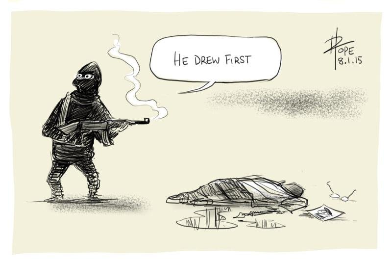 Karikatura, na kateri je zamaskiran moški s puško, ki je pravkar ustrelil drugega moškega. Okoli mrtveca ležijo predmeti, kot so čopič, očala, papir. Strelec pravi: "He drew first."