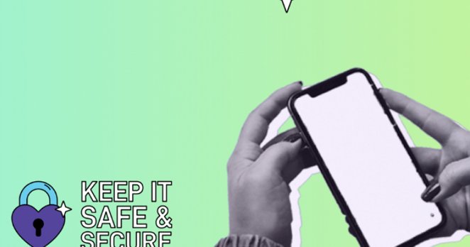 Grafika z zelenim prelivnim ozadjem in napisom »Keep It Safe & Secure« ob ikoni ključavnice v obliki srca; desno so roke, ki držijo pametni telefon z belim zaslonom.