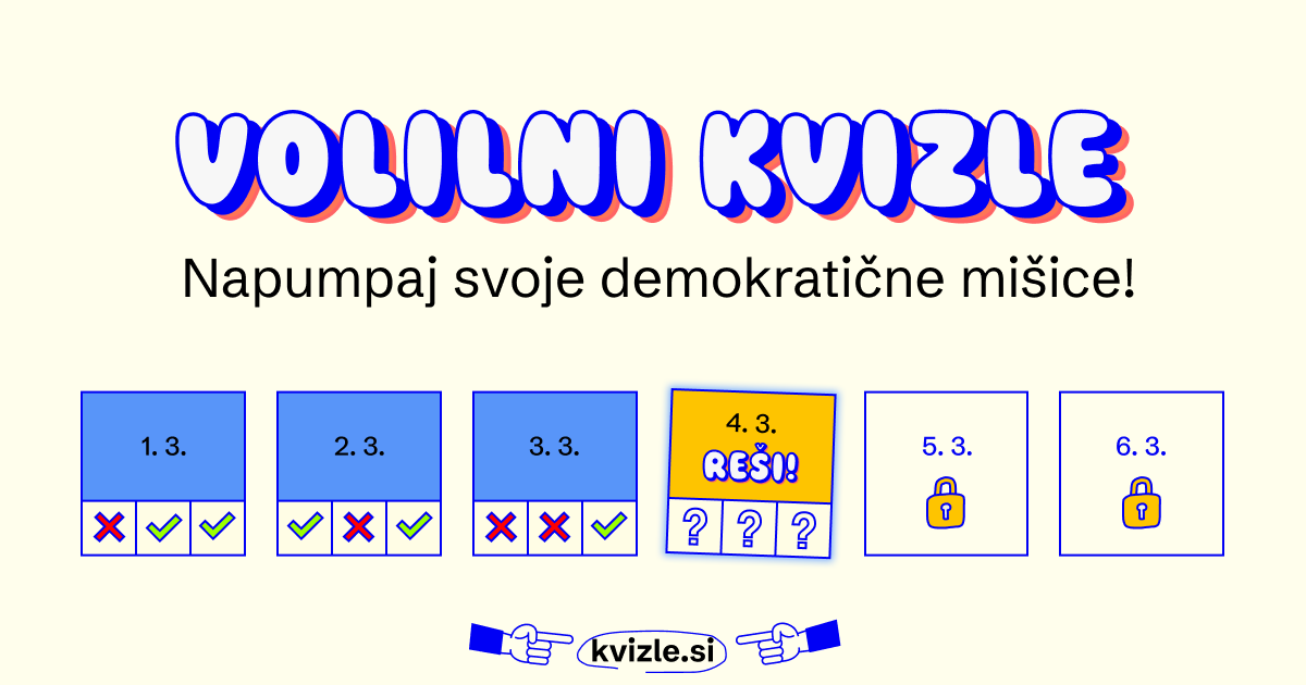 Volilni Kvizle, napumpaj svoje demokratične mišice, kvadratki s po tremi vprašanji, ki jih lahko dnevno rešuješ do volitev.