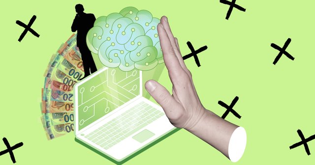 Ilustracija roke, ki ustavlja računalnik z oblakom umetne inteligence; v ozadju so silhueta človeka in evrski bankovci.