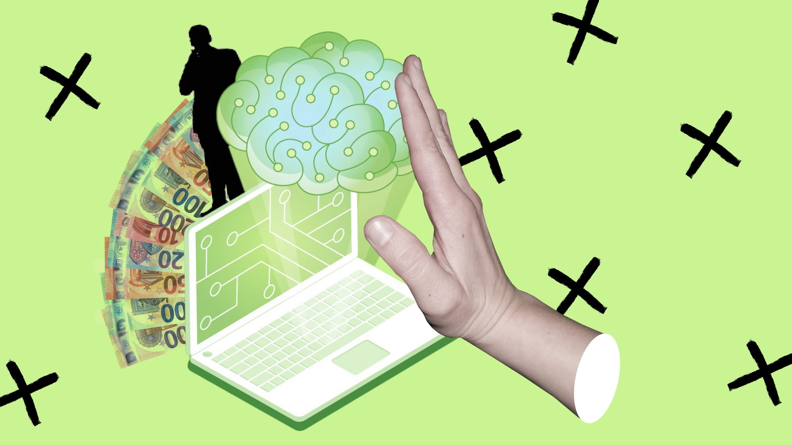 Ilustracija roke, ki ustavlja računalnik z oblakom umetne inteligence; v ozadju so silhueta človeka in evrski bankovci.
