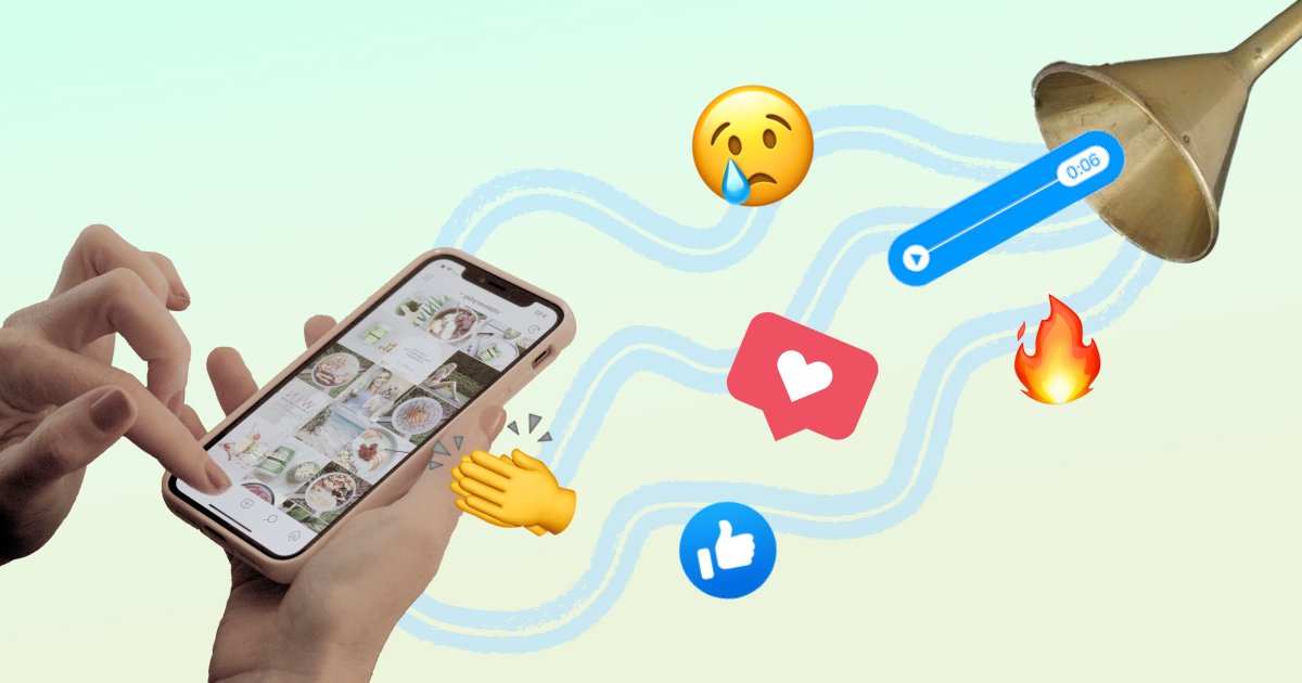 Grafika rok, ki brskajo po telefonu z družbenimi omrežji, iz naprave letijo emojiji in sporočila proti lijaku, ki jih zbira.