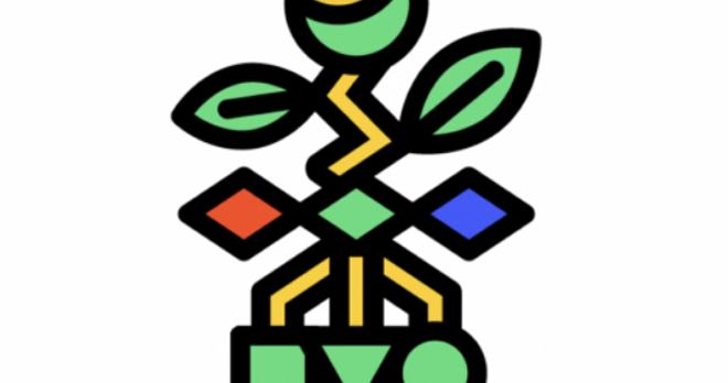 Stiliziran barvit simbol rastline z listi in geometrijskimi oblikami, povezanimi v abstrakten znak, ki predstavlja logotip gibanja Non-Aligned Tech Movement.