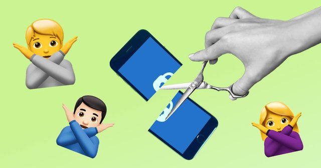 Ikone oseb s prekrižanimi rokami, v sredini pa roka, ki s škarjami prereže mobitel.