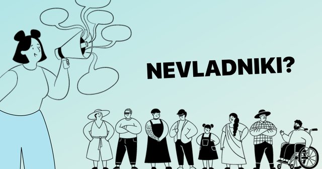 Ilustracija osebe, ki v rokah drži megafon, pod njo pa še več različnih oseb.