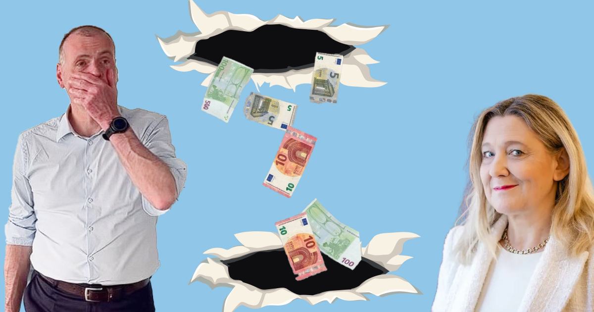 Kolaž z ministrom za pravosodje Mihaelom Zupančičem na levi, ki si v šoku pokriva usta, in ministrico za kulturo Ignacijo Fridl Jarc na desni ob luknjah v modrem ozadju, skozi katere padajo evrski bankovci.