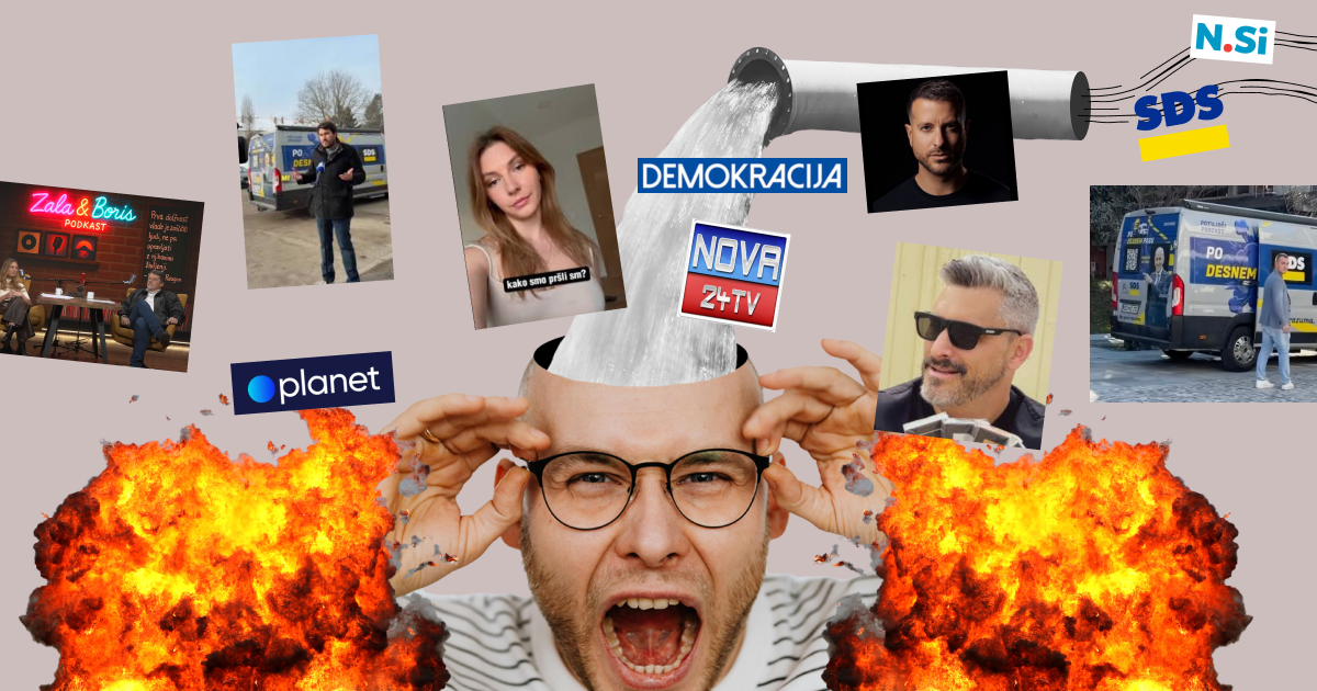 Kolaž z moškim, ki kriči in si drži glavo, vanjo pa skozi cev teče voda; okoli njega so fotografije medijskih osebnosti, logotipi desnih medijev in političnih strank ter grafični elementi ognja, kar ponazarja informacijski kaos in propagandni stroj!