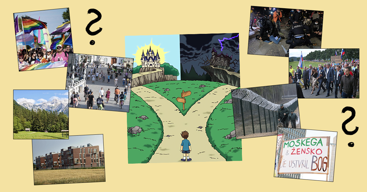 Otroka na razpotju med svetlo in temno potjo; okoli so prizori protestov, policijskega nasilja, migrantov, narave, stanovanj ter pravic LGBTQ+ in verskih sporočil, ki ponazarjajo različne družbene smeri.