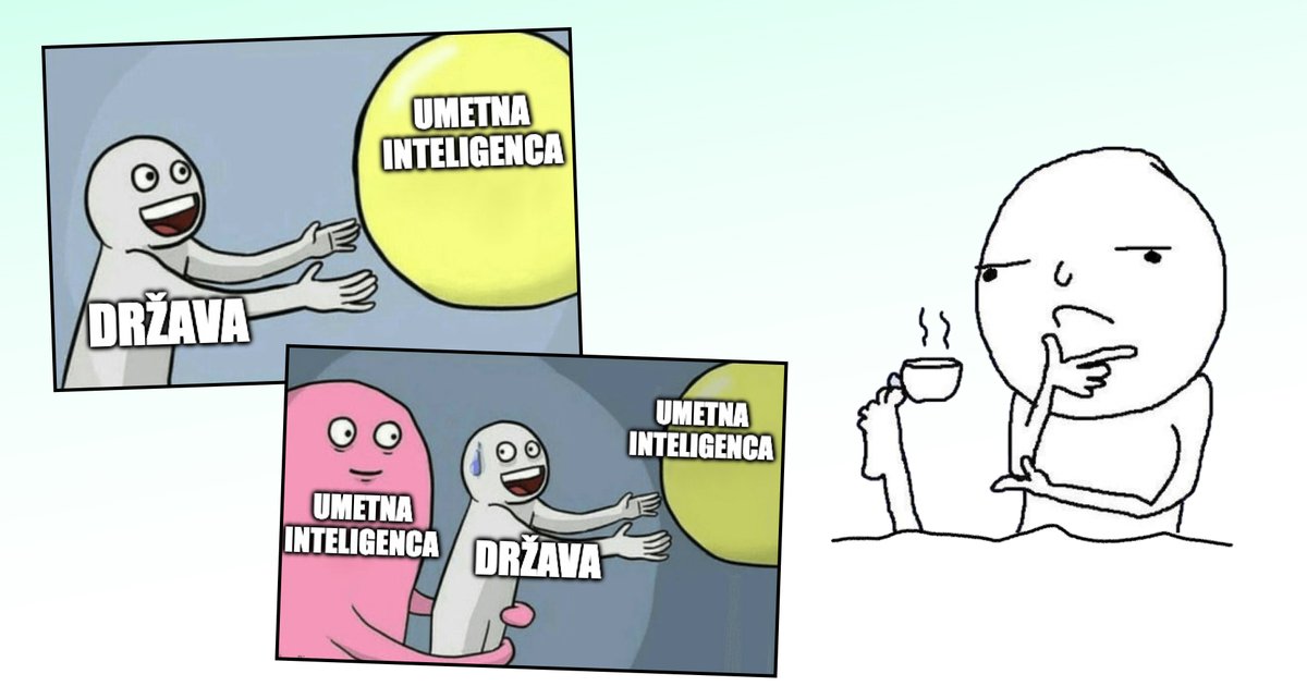 Meme v dveh okvirjih prikazuje državo, ki navdušeno posega po umetni inteligenci, v drugem pa umetna inteligenca vodi državo proti isti tarči. Ob strani lik zamišljeno srka kavo.