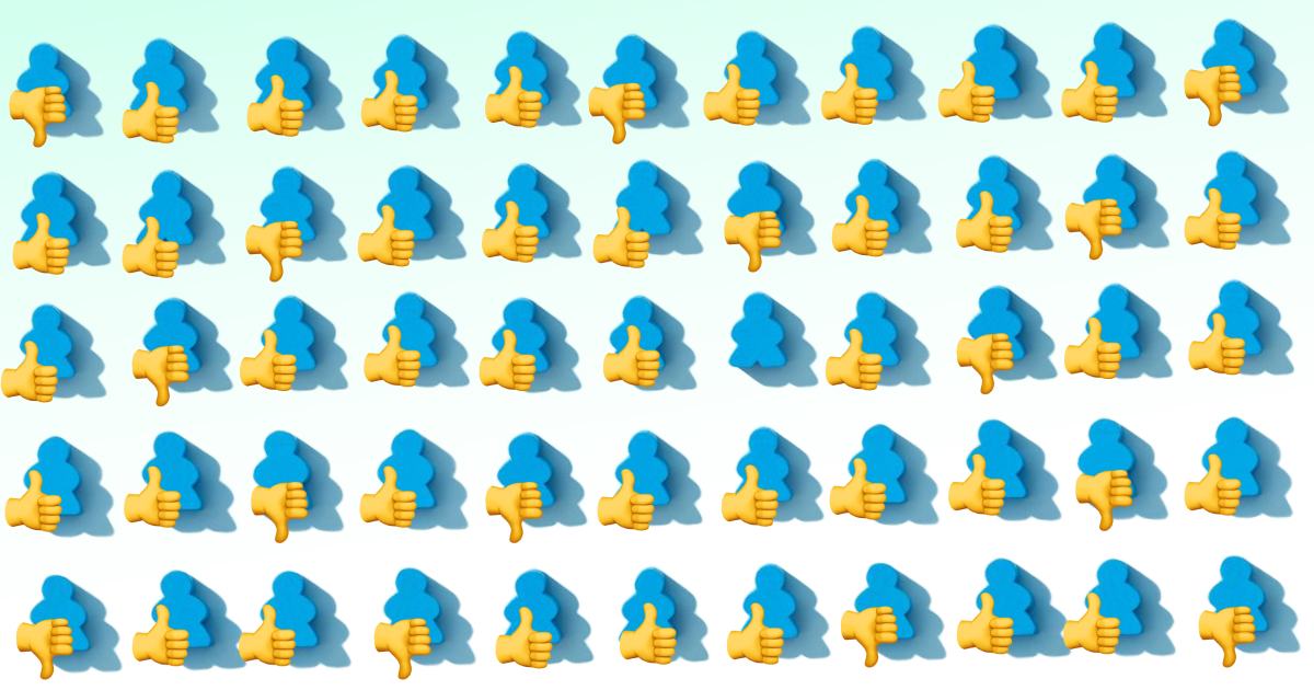 Grafika prikazuje mrežo številnih modrih človeških figuric. Večina figuric ima dodan emoji rumene roke s palcem navzgor, nekaj pa naključno razporejenih rok s palcem navzdol.