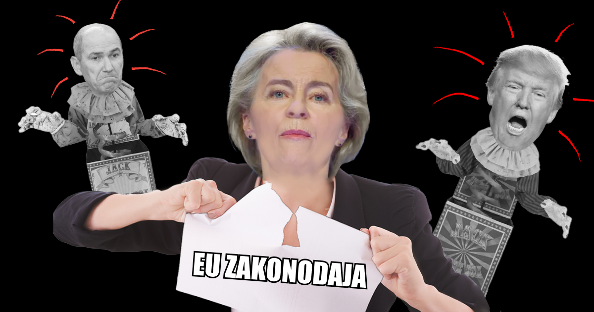 Na fotomontaži Ursula von der Leyen v sredini trga list papirja z napisom »EU zakonodaja«, ob njej sta upodobljena Janez Janša in Donald Trump kot karikirani figuri, postavljeni v ozadje slike.