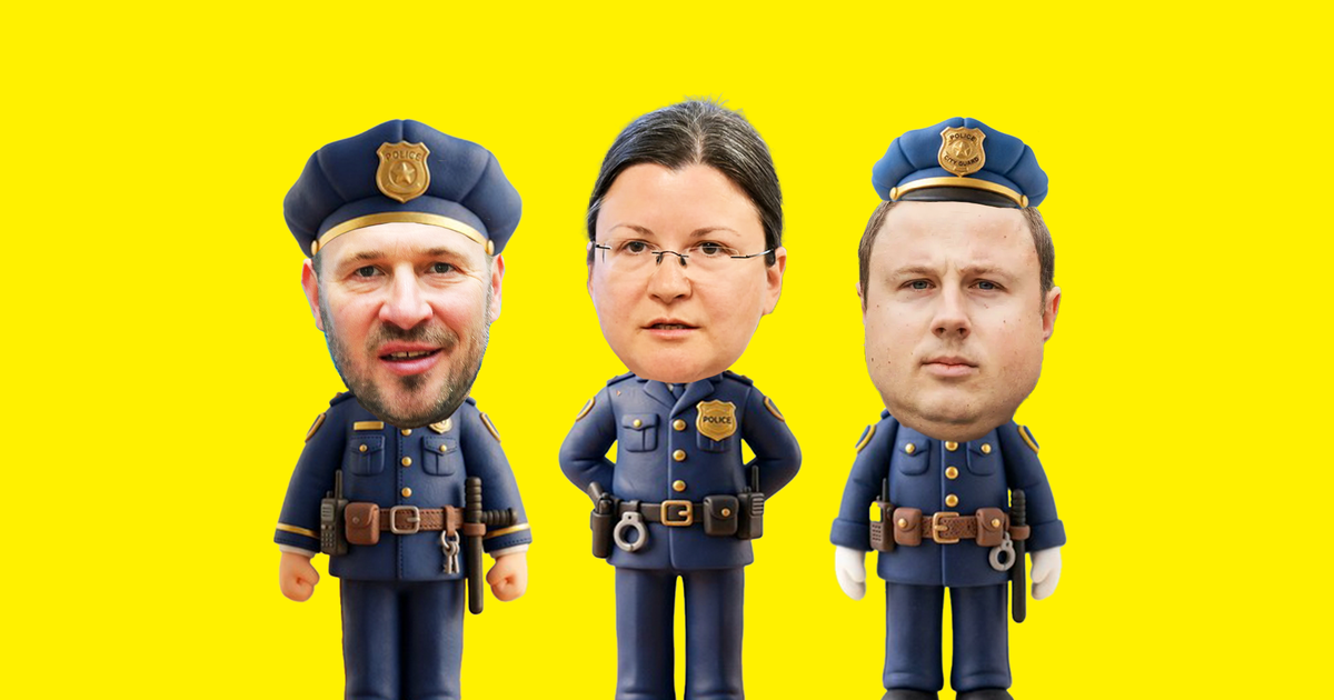 Jernej Vrtovec, Katja Kokot in Žan Mahnič, oblečeni v policijske uniforme