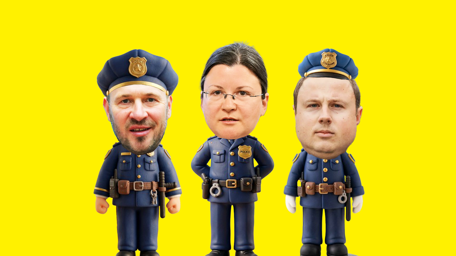 Jernej Vrtovec, Katja Kokot in Žan Mahnič, oblečeni v policijske uniforme