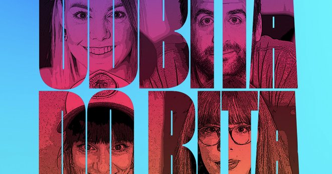 Grafika z modro-rožnatim prelivom in velikim napisom »ODBITA DOBITA«, znotraj črk so portreti štirih voditeljev podkasta v kontrastnih barvah.