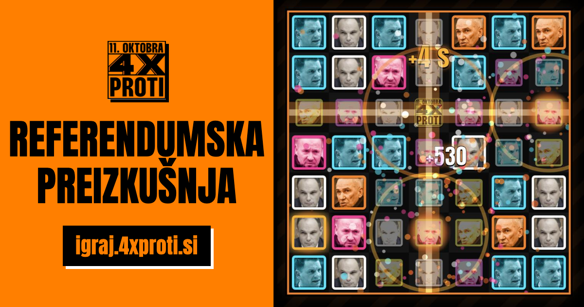 Logotip »11. oktobra 4x PROTI«, napis »Referendumska preizkušnja« in povezava igraj.4xproti.si. Ob strani je posnetek igre, kjer v mreži zlagaš ploščice z obrazi politikov.