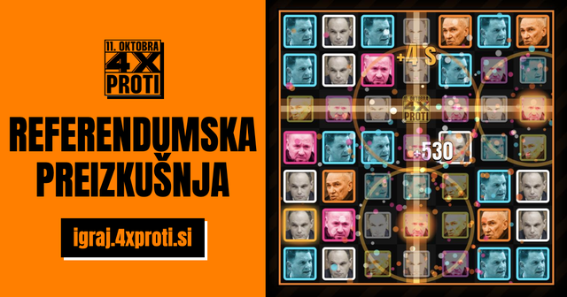 Logotip »11. oktobra 4x PROTI«, napis »Referendumska preizkušnja« in povezava igraj.4xproti.si. Ob strani je posnetek igre, kjer v mreži zlagaš ploščice z obrazi politikov.