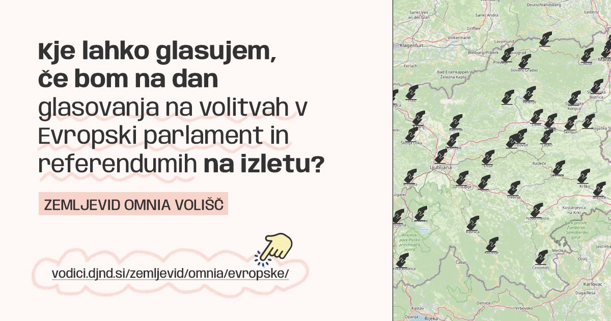 Omnia vodič. Zemljevid Slovenije na desni z ikonami za volišče, na levi piše "Kje lahko glasujem, če bom na dan glasovanja na volitvah v Evropski parlament in referendumih na izletu?" Spodaj piše Zemljevid OMNIA volišč.