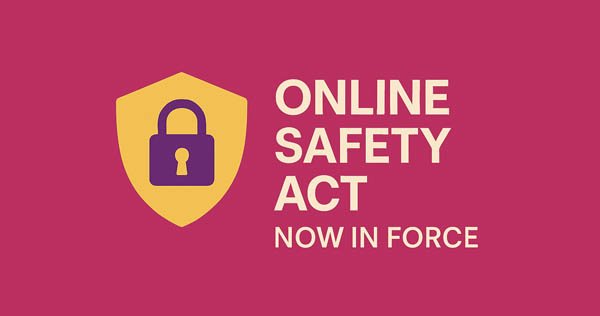 Na rdečem ozadju ilustracija ključavnice in napis Online Safety Act Now in Force.