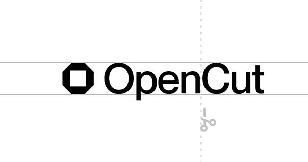 Logotip OpenCut z osmerokotno ikono in kvadratno odprtino na levi ter sivo navpično črtkano črto z majhnimi sivimi škarjami na desni, ki nakazujeta rezanje