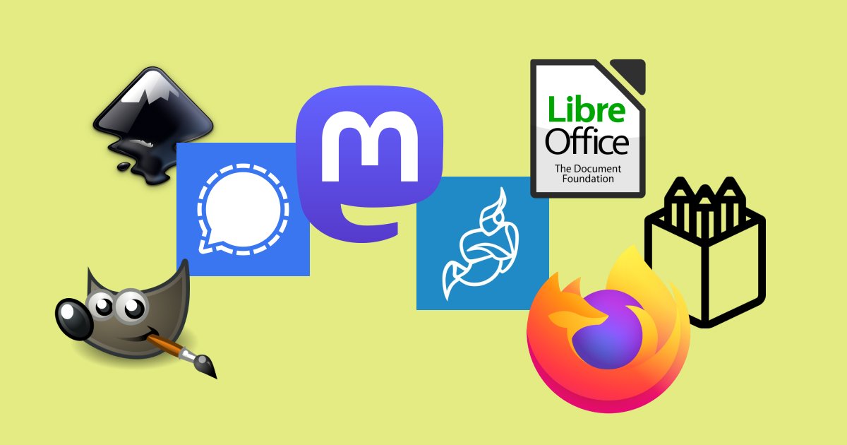 Slika z logotipi programskih orodij: Firefox, Signal, Penpot, Gimp, Jitsi, Mastodon, Libre Office, Inkscape.