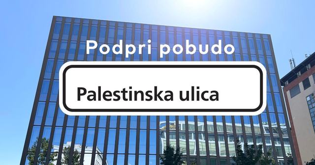 Grafika z napisom Podpri pobudo, ulično tablo z napisom Palestinska ulica in stavbo, v kateri je izraelsko veleposlaništvo, v ozadju.