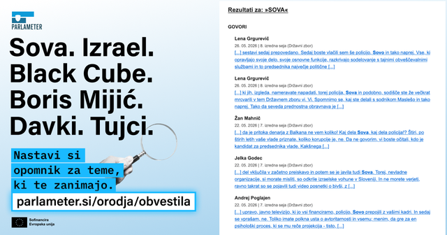 Grafika orodja Parlameter s povečevalnim steklom in naštetimi temami, kot so Sova, Izrael in Davki, ter pozivom k nastavitvi opomnikov. Na desni je posnetek zaslona z rezultati iskanja parlamentarnih govorov, ki vsebujejo iskalno besedo Sova.