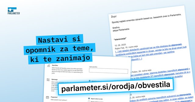 Nastavi si opomnik za teme, ki te zanimajo, v ozadju zajem zaslona iz Parlametrovih obvestil in e-sporočilo z obvestili.