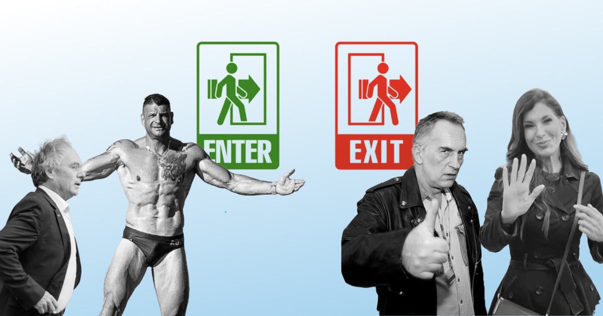 Na levi Aleš Hojs in Zoran Stevanović ob znaku "ENTER" (zeleno), ki nakazuje vstop v parlamentr, na desni pa Jonas Žnidaršič in Eva Irgl ob znaku "EXIT", ki nakazuje, da v novem sklicu nista bila izvoljena.