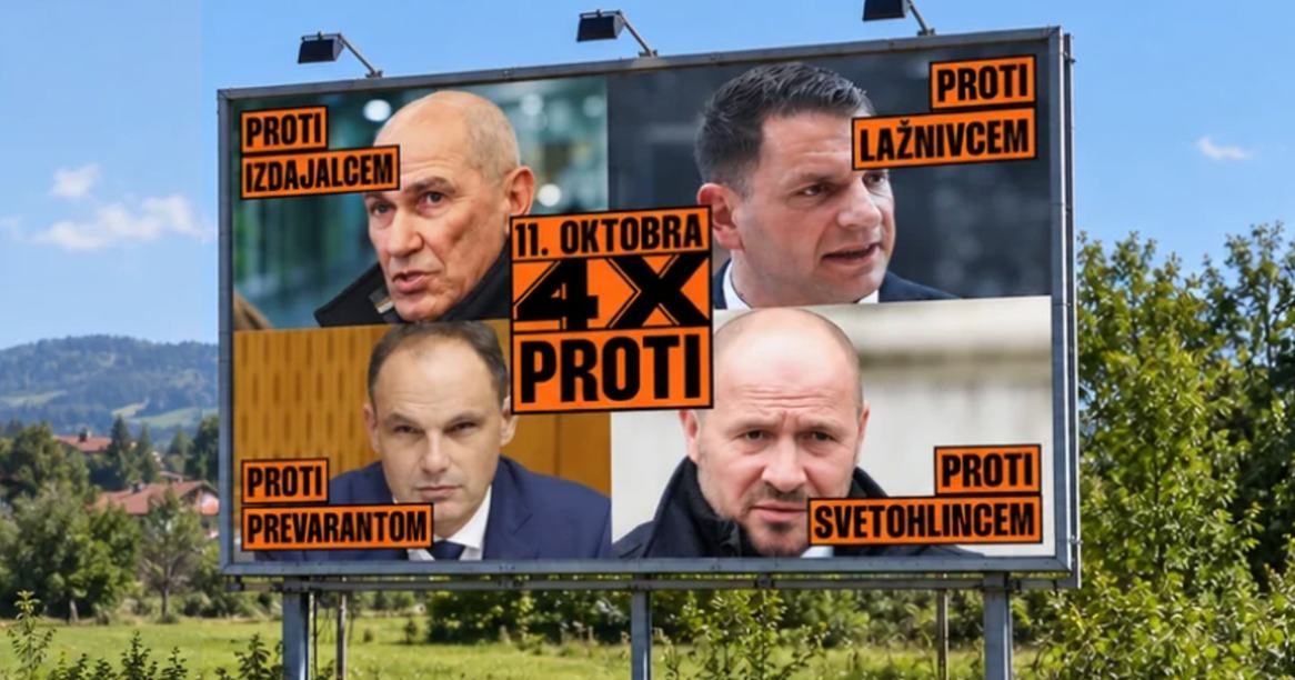 V okolju postavljen plakat z Janšo (PROTI IZDAJALCEM), Stevanovićem (PROTI LAŽNIVCEM), Logarjem (PROTI PREVARANTOM) in Vrtovcem (PROTI SVETOHLINCEM) in logotipom kampanje 4xPROTI 11. oktobra.