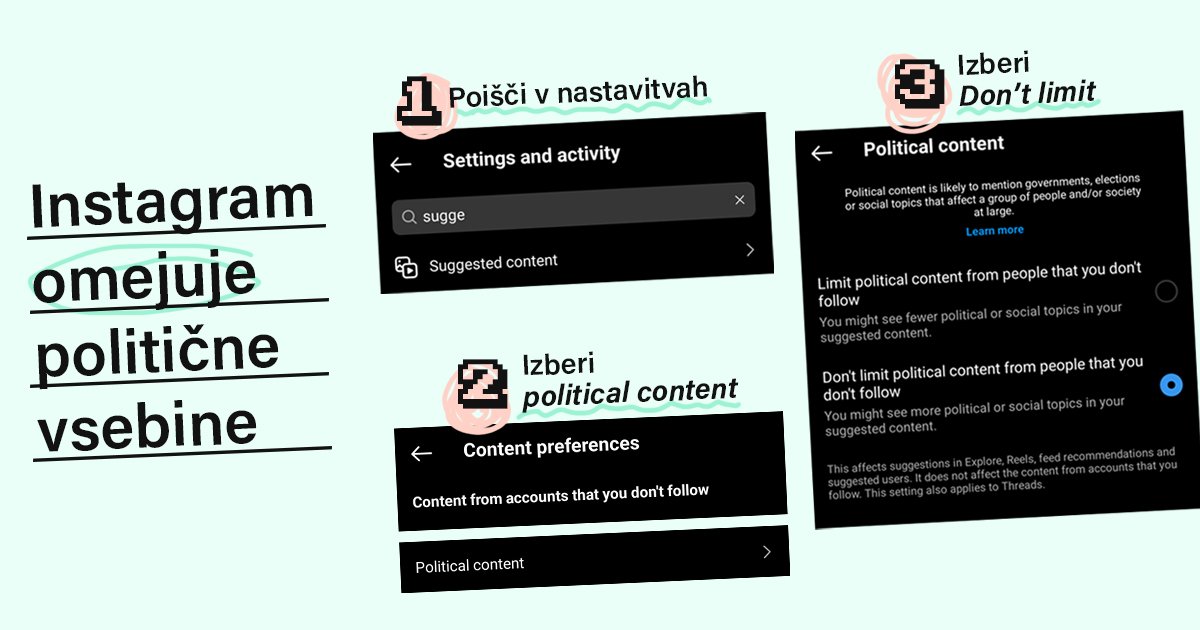 Grafika z navodili, kako ponovno vklopiti prikazovanje političnih vsebin na Instagramu.