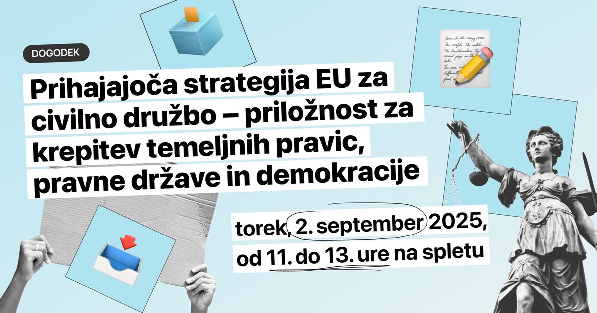 Kolaž emotikonov škatle za glasovanje, predala za sporočila, napisanega besedila ter fotografije rok s protestnim banerjem in kipa pravice. Napis z naslovom dogodka in datumom.