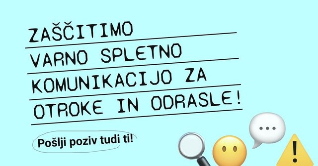 Emotikoni, ki izražajo skrb nad pregledovanjem zasebnih klepetov, in napis Zaščitimo varno spletno komunikacijo za otroke in odrasle!