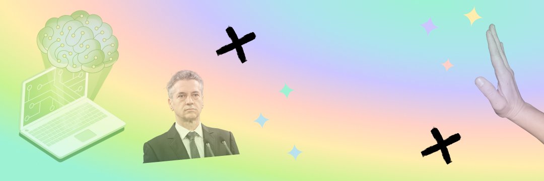 na mavričnem ozadju fotografija Goloba, roke, ki kaže ne in ilustracija računalnika z možgani.