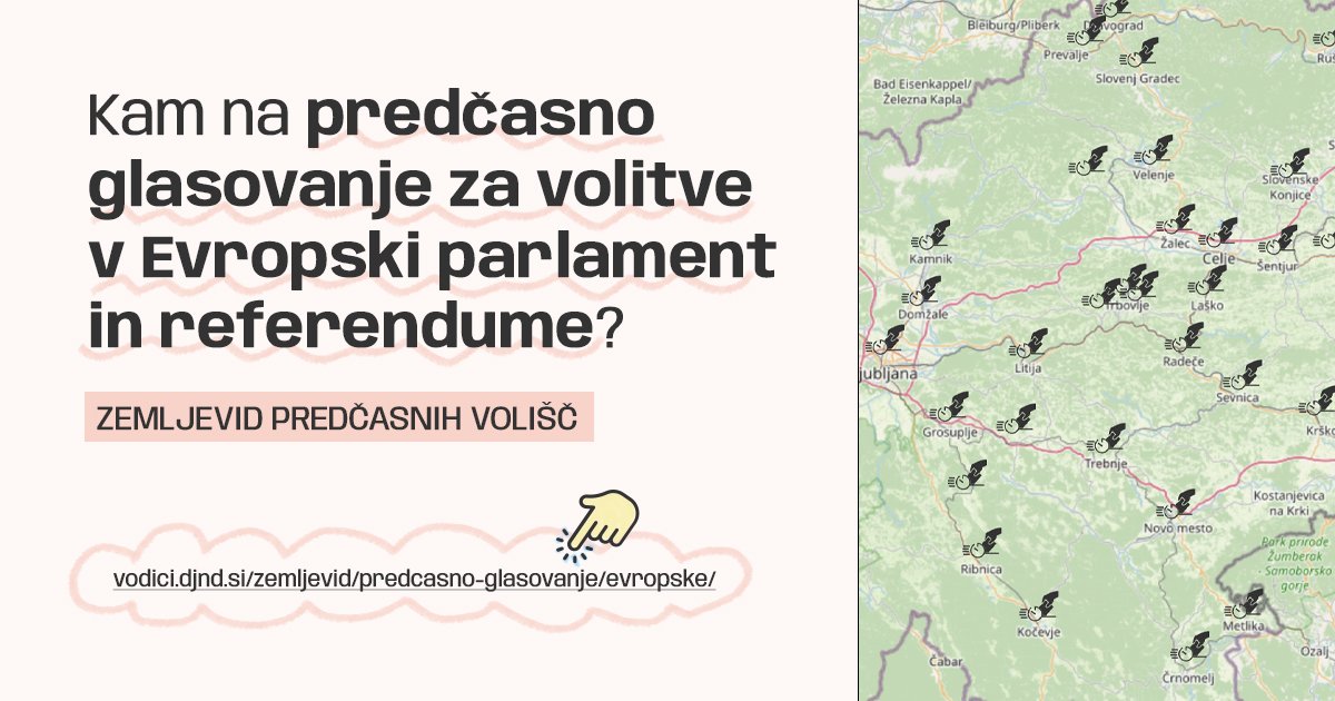 Zemljevid predčasnih volišč. Na desni je zemljevid z oznakami za volišča. Na levi piše: "Kam na predčasno glasovanje za volitve v Evropski parlament in referendume?"