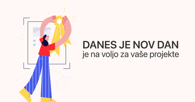 Ilustracija ženske, ki s pentljo okrašuje življenjepis, in napis Danes je nov dan je na voljo za vaše projekte.