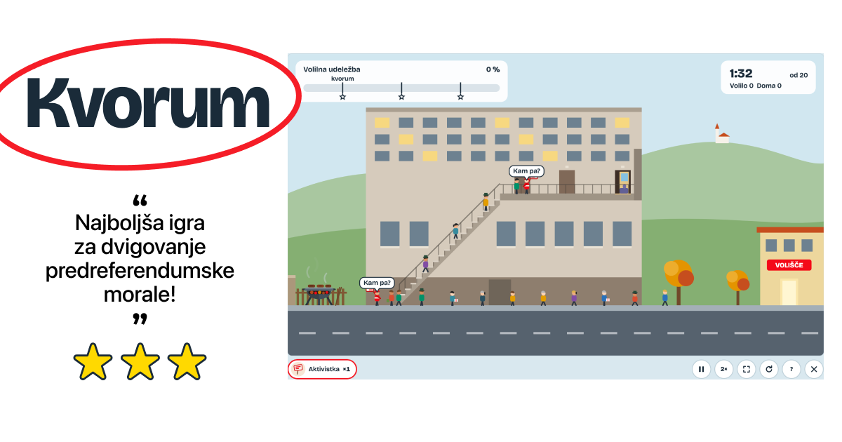 Logotip Kvorum v rdeči elipsi in citat »Najboljša igra za dvigovanje predreferendumske morale!« s tremi zvezdicami. Desno je posnetek igre: sosedje hodijo pred blokom in po stopnišču, aktivistki ju sprašujeta »Kam pa?«, na desni strani pa je volišče.