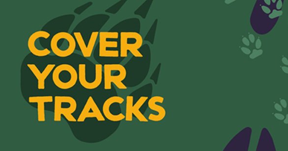 Logotip projekta Cover Your Tracks in ilustracije stopinj različnih živali na zeleni podlagi