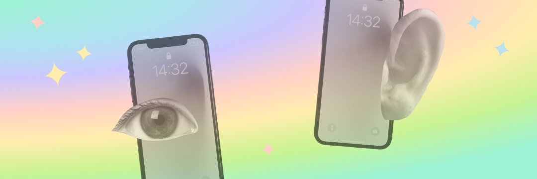 na mavričnem ozadju fotografija telefona z ušesom in telefona z očesom.